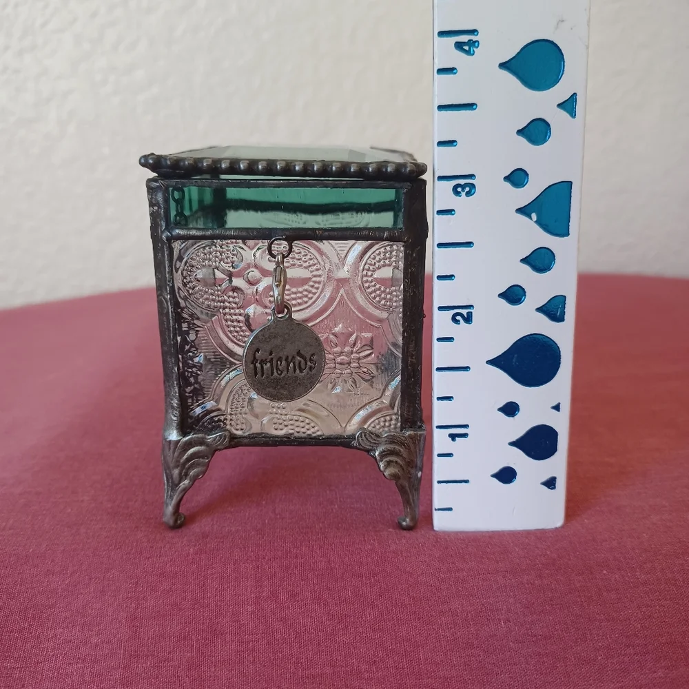 J Devlin Jewelry Keepsake Trinket Box Glass & Metal Friends Charm Vintage 2000